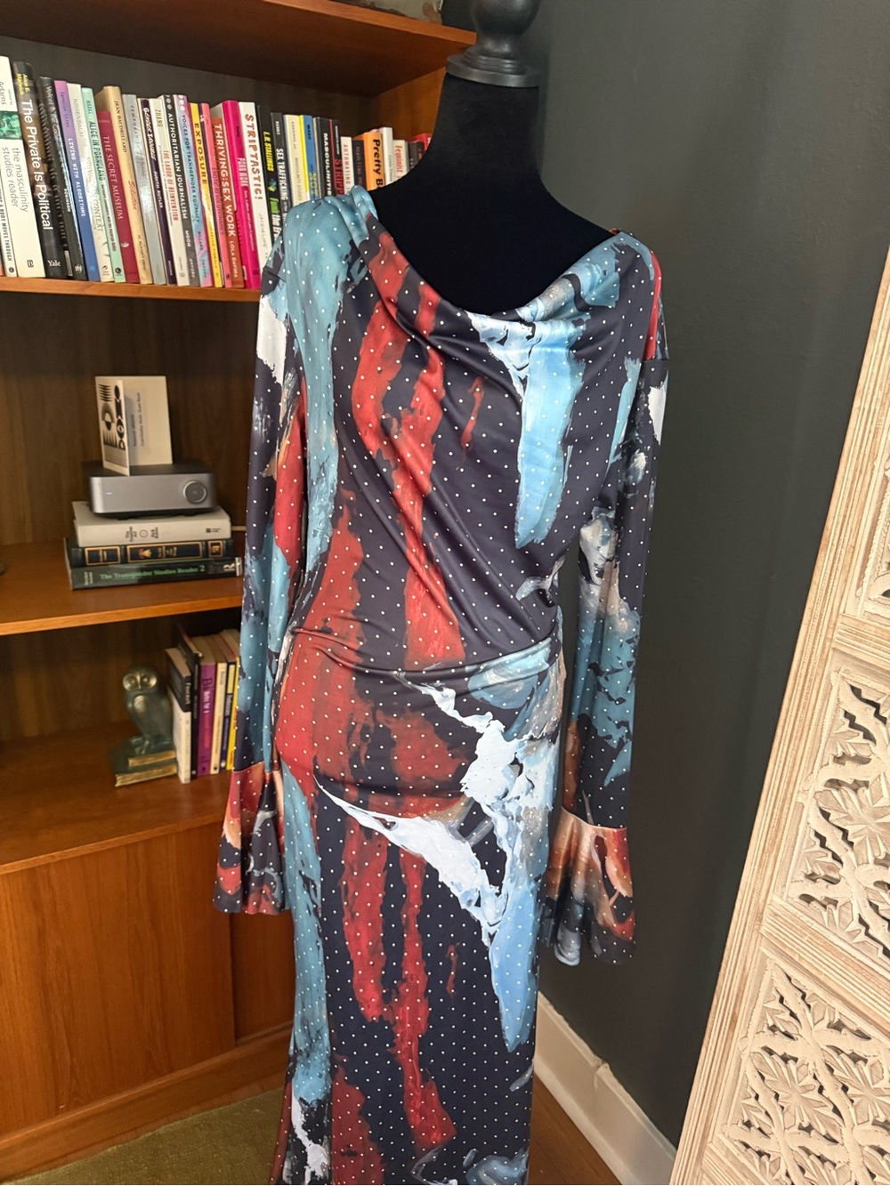 Abstract Brushstroke Cowl-Neck Maxi Dress in Red & Blue